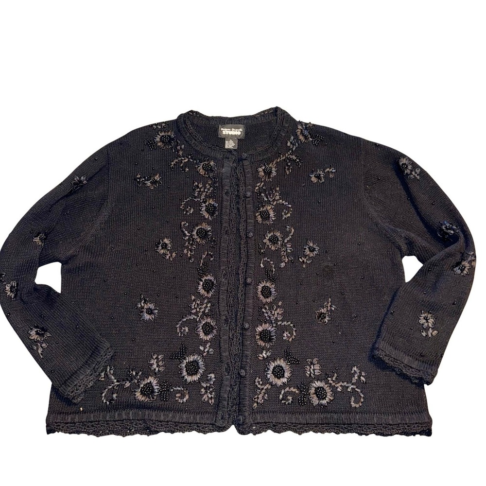 Designers Originals Studio Black Beaded Floral Embroidered Cardigan‎ XL